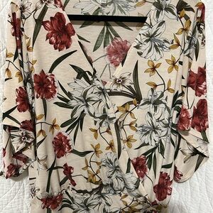 Floral V-Neck Blouse with Red and Green Accents